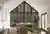Gable end living/diner, stone fireplace to left, sofa beside, dark brown shutters, louvres open on gable end.