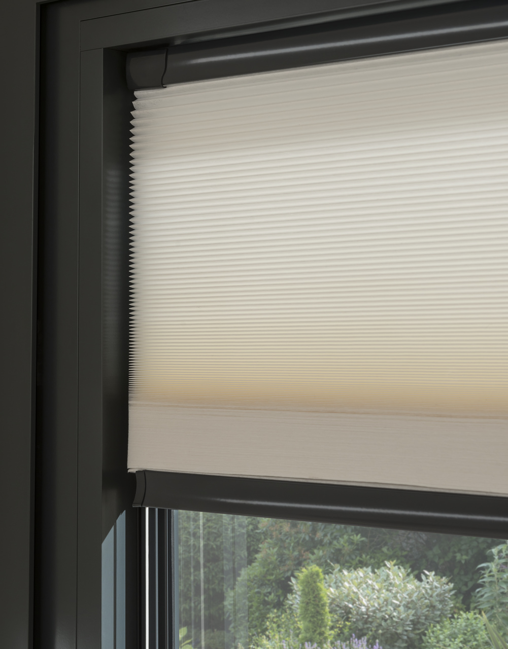 White coloured duette blinds fitted to a rectangular window in a room with green coloured walls